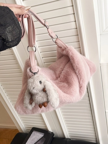 Borsa Tote in Peluche da Donna Moda Coreana Borsa a Tracolla in Ecopelliccia Per Pendolarismo Autunno Inverno Con Ciondolo a Coniglio
