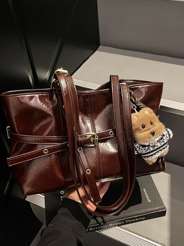 Retro Glossy PU Leather Tote Bag For Women Large Capacity Solid Color Shoulder Bag Elegant Commuter Underarm Bag With Plush Charm