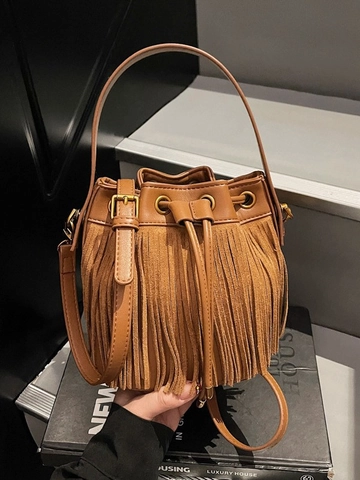 Bolso de Cubo con Flecos Retro para Mujer Cuero PU Cordón Bolso de Hombro Moda Elegante Color Sólido Uso Diario