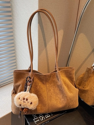 Bolso de Mano de Gamuza de Gran Capacidad para Mujer Vintage Urbano Simple Bolso de Hombro con Cierre Magnético y Colgante de Felpa
