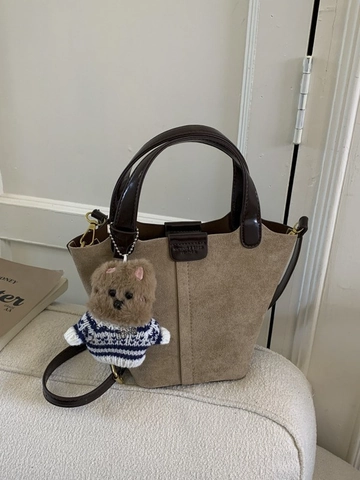 Sac Seau en PU Minimaliste Rétro pour Femmes Surpiqûres de Couleur Contrastée Sac à Bandoulière Avec Charme de Chien en Peluche