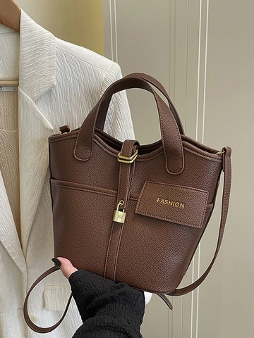 Damen PU Leder Eimertasche Nähte Lychee Muster Handtasche Mit Metallschloss Und Schultergurt Lässige Mode Tote Bag