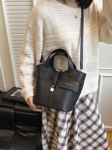 Damen PU Leder Eimertasche Nähte Lychee Muster Handtasche Mit Metallschloss Und Schultergurt Lässige Mode Tote Bag