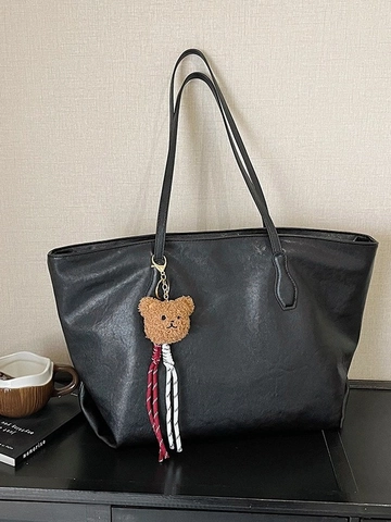 Sac Cabas Femme Grande Capacité en Cuir PU Rétro Minimaliste Sac à Épaule avec Pendentif Ours en Peluche