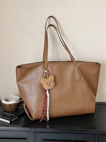 Sac Cabas Femme Grande Capacité en Cuir PU Rétro Minimaliste Sac à Épaule avec Pendentif Ours en Peluche