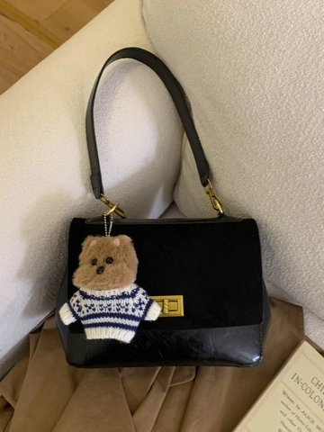 Retro Suede Patchwork PU Leather Crossbody Square Bag For Women With Cute Bear Pendant Metal Lock Shoulder Handbag