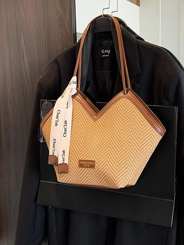 Damen Große Kapazität Retro PU Leder Tote Bag Fischgrätmuster V-Öffnung Pendler Umhängetasche Mit Seidenband