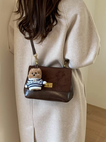 Retro Suede Patchwork PU Leather Crossbody Square Bag For Women With Cute Bear Pendant Metal Lock Shoulder Handbag