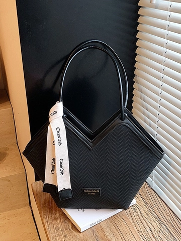 Damen Große Kapazität Retro PU Leder Tote Bag Fischgrätmuster V-Öffnung Pendler Umhängetasche Mit Seidenband