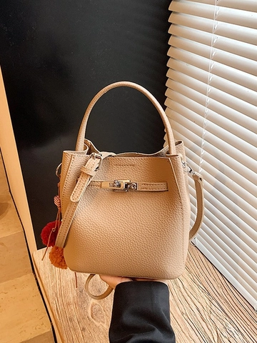 Women PU Litchi Pattern Bucket Bag Street Trend Single Shoulder Crossbody Handbag With Metal Lock And Fur Ball Charm