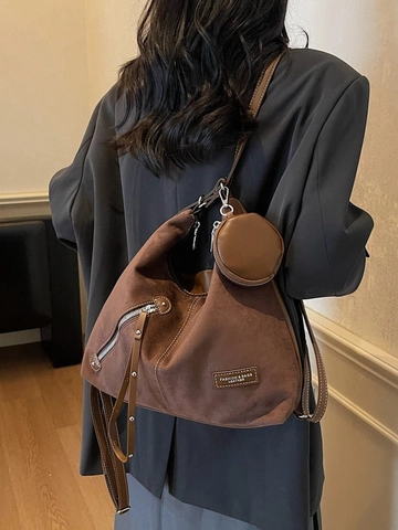 Women Retro PU Suede Crossbody Bag Multiway Hobo Shoulder Backpack With Round Coin Purse Solid Color Commuter Travel Bag