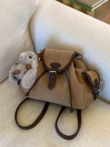 Vintage Damen PU Leder Rucksack Kordelzug Eimer Umhängetasche Mit Plüsch Hasen Anhänger Retro Schule Schultertasche