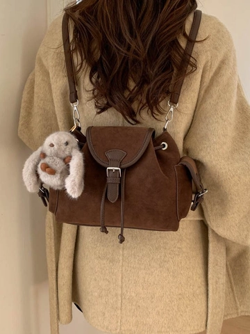 Vintage Damen PU Leder Rucksack Kordelzug Eimer Umhängetasche Mit Plüsch Hasen Anhänger Retro Schule Schultertasche