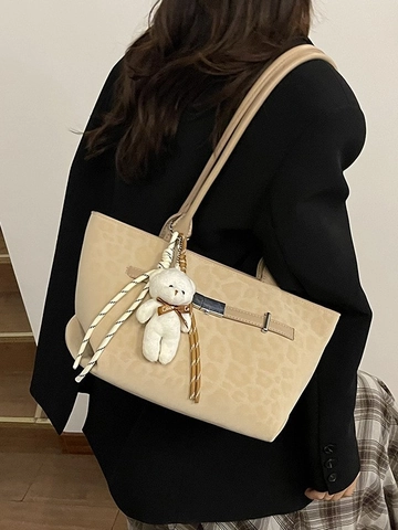 Retro Damen Leopardenmuster Veloursleder Tote Tasche Große Kapazität Handtasche Schultertasche Mit Plüschbär Anhänger Modetasche