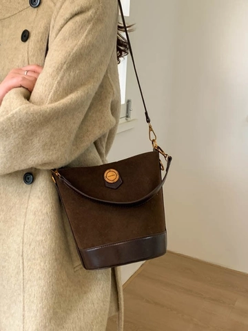 Sac Seau Rétro en Cuir PU pour Femmes Couleur Contrastée Texture Daim Sac à Bandoulière Porté Épaule Main Grande Capacité