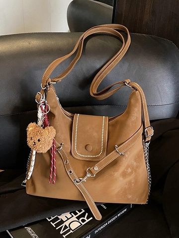 Women Vintage Suede Large Capacity Tote Bag Retro Contrast Stitching Backpack Multi Use Shoulder Bag With Bear Pendant