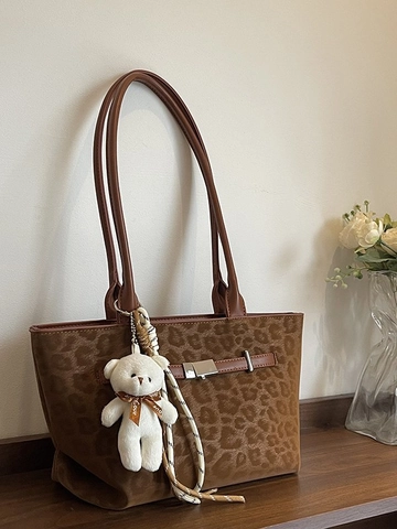 Retro Damen Leopardenmuster Veloursleder Tote Tasche Große Kapazität Handtasche Schultertasche Mit Plüschbär Anhänger Modetasche