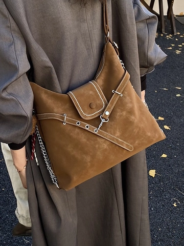 Women Vintage Suede Large Capacity Tote Bag Retro Contrast Stitching Backpack Multi Use Shoulder Bag With Bear Pendant