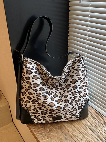 Sac Fourre-tout Rétro pour Femmes Grande Capacité en Suédine Surpiqûres Contrastées Imprimé Léopard Sac Hobo à Épaule Décontracté