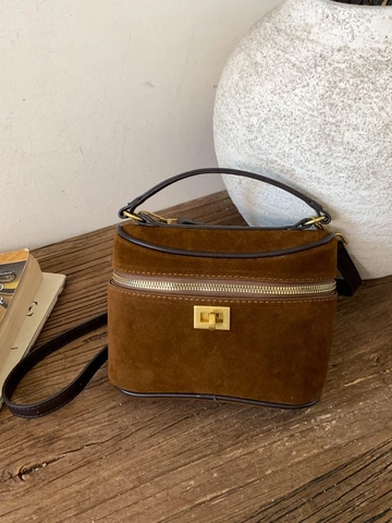 Bolso Vanity de Gamuza para Mujer Bolso de Mano Minimalista Vintage Con Cierre de Torsión Dorado y Correa Ajustable