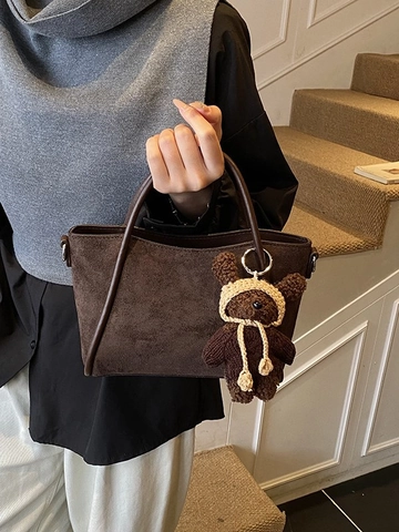 Vintage Matte Suede Texture Bucket Bag For Women Retro Solid Color Handbag With Plush Bear Charm Commuter Crossbody Bag