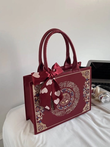 Borsa da Sposa Rossa in Stile Cinese Con Ricamo Dragone e Fenice Motivo Doppia Felicità Donna Borsa Tote in Pelle PU Con Sciarpa