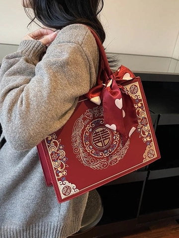 Borsa da Sposa Rossa in Stile Cinese Con Ricamo Dragone e Fenice Motivo Doppia Felicità Donna Borsa Tote in Pelle PU Con Sciarpa