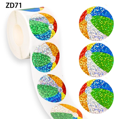 Summer Beach Ball Stickers Laser Waterproof Self-Adhesive Colorful Round Glitter Decorative Stickers Roll For Kids Craft