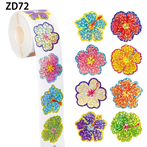 Colorful Hibiscus Flower Stickers Roll Self-Adhesive Waterproof Sealing Labels Glitter Decorative Stickers For Envelopes Gift Packaging Card