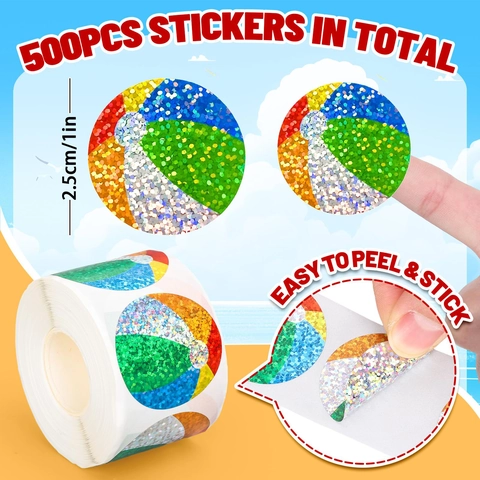 Summer Beach Ball Stickers Laser Waterproof Self-Adhesive Colorful Round Glitter Decorative Stickers Roll For Kids Craft