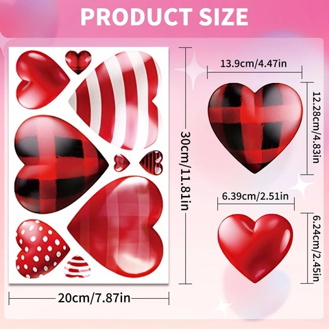 Red Heart Shaped Window Cling Stickers Plaid Polka Dot Patterns For Valentine's Day Wedding Party Home Romantic Decoration