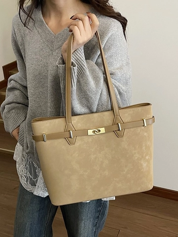 Borsa Shopping Retro in Similpelle Scamosciata a Grande Capacità Donna Elegante Borsa Sottobraccio Con Lucchetto Metallico