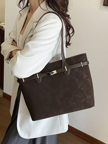 Borsa Shopping Retro in Similpelle Scamosciata a Grande Capacità Donna Elegante Borsa Sottobraccio Con Lucchetto Metallico