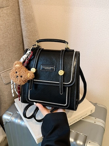 Mini Sac à Dos Vintage en Cuir PU pour Femmes avec Surpiqûres Contrastées Petit Sac d'École avec Pendentif Ours pour Voyage