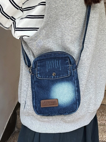 Bolso Bandolera de Denim Lavado Vintage Para Mujer Bolso Retro Para Teléfono Con Parche de Cuero Correa Ajustable Casual