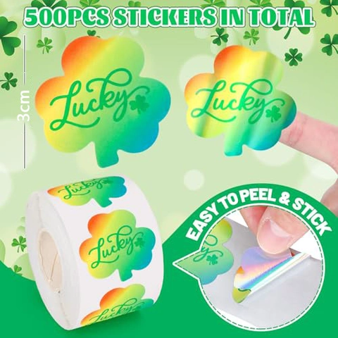 St Patrick Day Klaver Stickers Holografisch Regenboog Lucky Zelfklevend Etiket Voor Envelop Cadeauverpakking Feestversiering