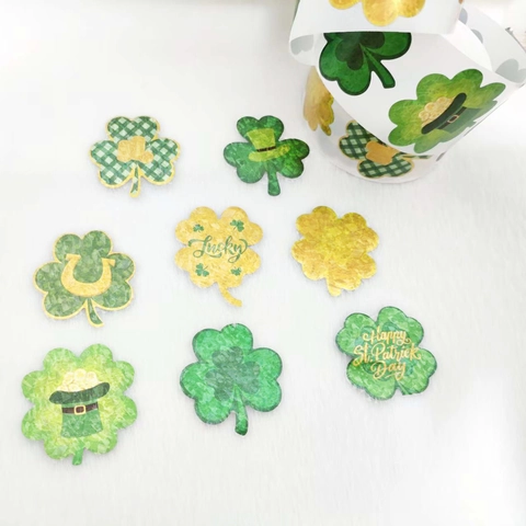Rouleau Autocollants Trèfle Saint Patrick Étiquettes Adhésives Laser Vertes pour Emballage Cadeau Décoration Fête