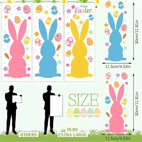 Adesivi Pasquali per Finestre Extra Grandi Silhouette Coniglietto Colorato Uova di Pasqua Fiori Carota Stampati Adesivi Festivi per Casa Festa Vacanze Decorazione