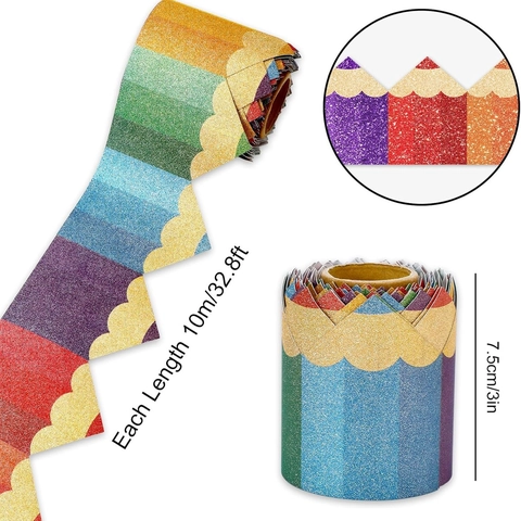Rainbow Pencil Glitter Bulletin Board Borders Scalloped Edge Paper Trim For Classroom Wall Decoration School Supplies