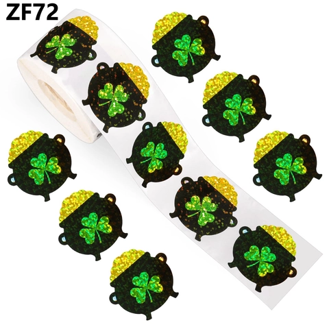 Rotolo da 500 Pezzi Adesivi Olografici per San Patrizio Trifoglio Pentola d'Oro Etichette Portafortuna per Decorazioni