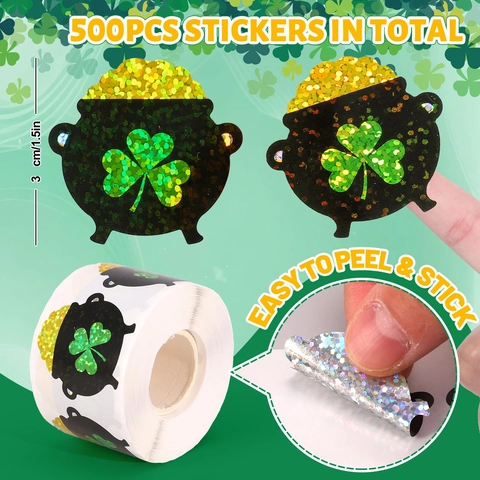 Rotolo da 500 Pezzi Adesivi Olografici per San Patrizio Trifoglio Pentola d'Oro Etichette Portafortuna per Decorazioni