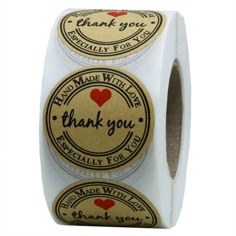 Αυτοκόλλητα από Χαρτί Κραφτ Thank You Hand Made With Love Καρδιά Στρογγυλές Ετικέτες για Συσκευασία Δώρων DIY