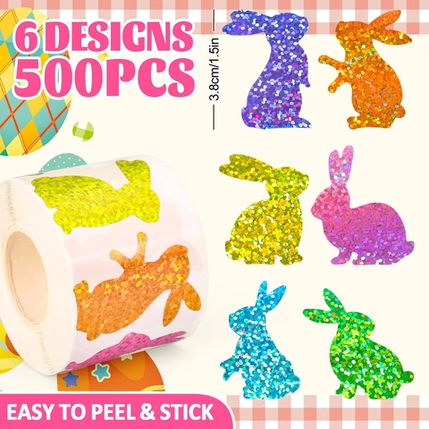 Ostern Holografisch Glitzer Hase Aufkleber Mehrfarbig Kaninchen Form Selbstklebend Etiketten Für Grußkarten DIY Dekor ZF69
