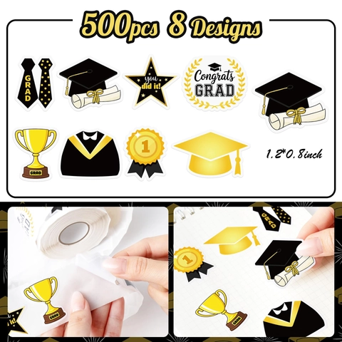 Rotolo di Etichette Adesive a Tema Laurea Oro Nero Congrats Grad Adesivi per Scrapbooking Busta Decorazione Regalo Etichette Fai da Te
