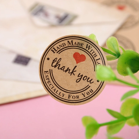 Αυτοκόλλητα από Χαρτί Κραφτ Thank You Hand Made With Love Καρδιά Στρογγυλές Ετικέτες για Συσκευασία Δώρων DIY