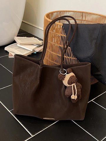 Women Large Capacity PU Leather Tote Bag With Knit Bear Charm Casual Fashion Commuter Solid Color Topstitching Shoulder Bag