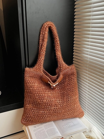 Borsa Tote da Donna Retro a Maglia Traforata Grande Capacità Borsa a Tracolla Intrecciata Con Alamaro Borsa Minimalista