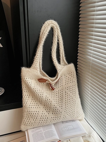 Borsa Tote da Donna Retro a Maglia Traforata Grande Capacità Borsa a Tracolla Intrecciata Con Alamaro Borsa Minimalista