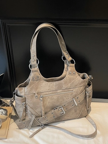 Bolso Tote de Cuero PU Denim Retro para Mujer Vintage Y2K Punk Remaches Cremallera Gran Capacidad Bolso de Hombro Cruzado