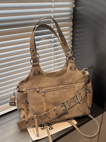 Bolso Tote de Cuero PU Denim Retro para Mujer Vintage Y2K Punk Remaches Cremallera Gran Capacidad Bolso de Hombro Cruzado